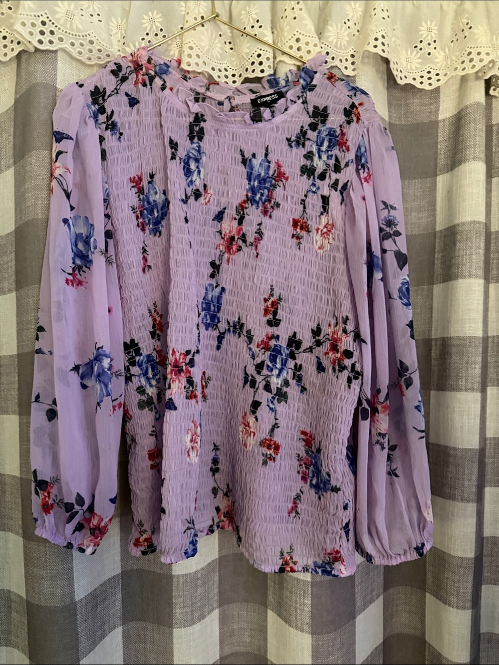 Express Lilac Floral Smocked Blouse with Blue and Pink Accents